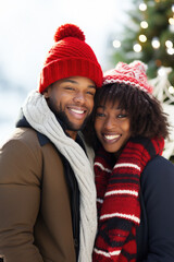 Closeup photo of cute couple spending holly Christmas eve in decorated garland lights house near Chrismas tree outdoors
