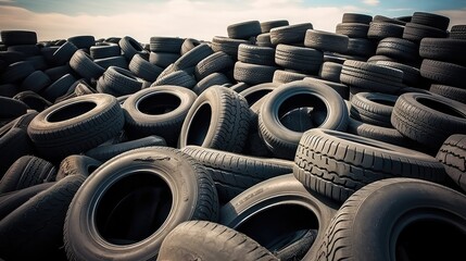 Automobile tires dumped in a big pile for recycling. - obrazy, fototapety, plakaty