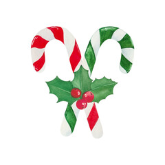Christmas caramel candy canes with green leaves and red holly berries