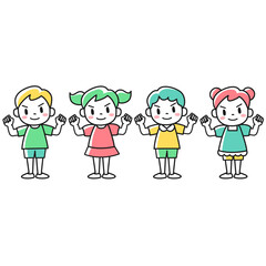 ガッツポーズをする強気の表情の子どもたち