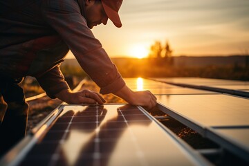 Hands of engineer closely examining sun working and cleanness of solar panels in the sunset. Concept renewable energy technology electricit