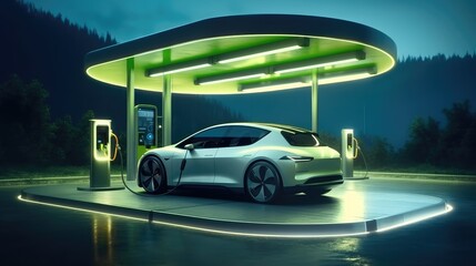 EV charging station for electric car in concept of green energy and eco power, Renewable energy concept.