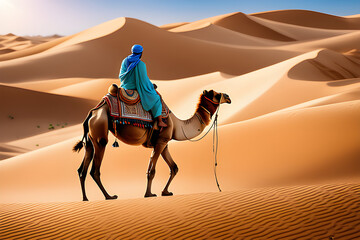 Scene of riding a camel in the desert and passing by an oasis. Generative AI