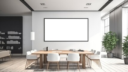 Modern Empty Meeting Room with Big Conference Table, Office with Empty Billboard, Contemporary Designed Work Environment.