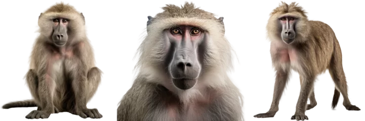 Collection of three baboon monkeys (portrait, standing, sitting), animal bundle isolated on a white background as transparent PNG © Flowal93