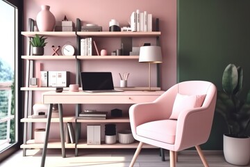 Fototapeta na wymiar Home office with desk and vintage armchair in pink shades, Comfortable writer's workplace interior.