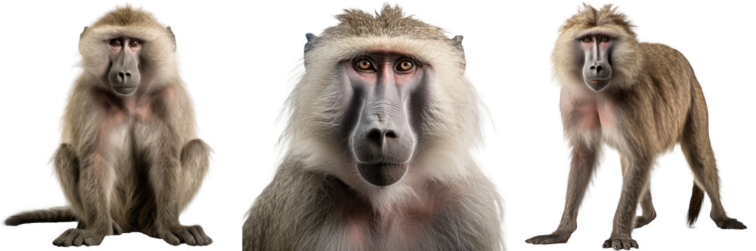 Collection of three baboon monkeys (portrait, standing, sitting), animal bundle isolated on a white background as transparent PNG