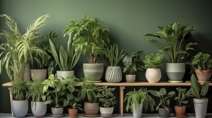 Collection of house plants in flower pots with green wall, House plants in interior.