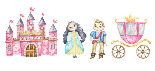 Royal person. Kings and queens. Pink Princess carriage. Cute childish watercolor illustration on white background.