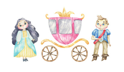 Royal person. Kings and queens. Pink Princess carriage. Cute childish watercolor illustration on white background.