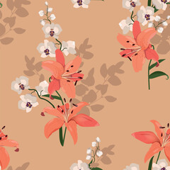 Beautiful tropical orchids and lily on a beige background. Seamless vector illustration.