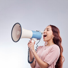 Discount, megaphone or woman shouting an announcement, speech or sale on white background....