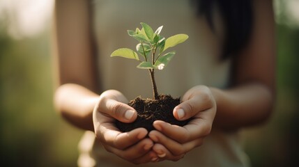 close up of the woman's hands holding a young seedling before planting in the soil