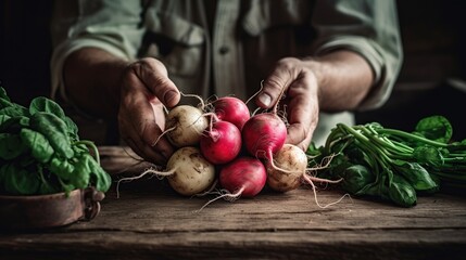close up of the man's hands holding a bunch of fresh organic radishes - obrazy, fototapety, plakaty