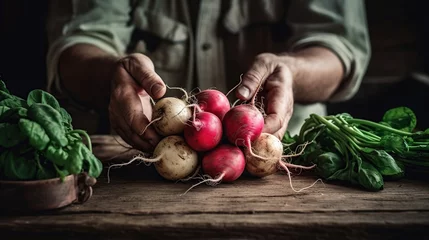 Fotobehang close up of the man's hands holding a bunch of fresh organic radishes © Anastasia Shkut