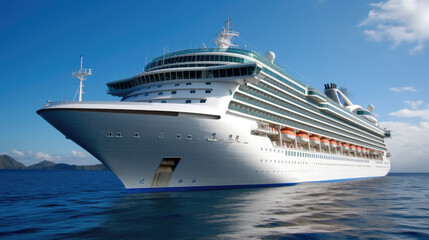 Fototapeta na wymiar Cruise To Caribbean With Palm Trees, Luxury Cruise Ship, Tropical Beach Holiday.