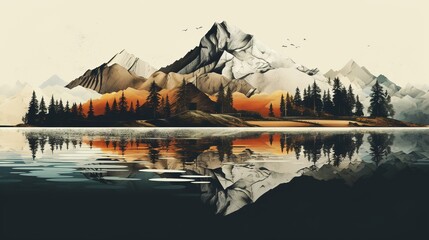 Landscape of mountains and lake, High contrast, Surreal collage, Generative AI