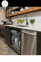 Dishwasher in the interior of a modern kitchen. Generative AI.
