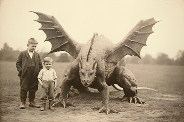 An antique photo of two boys and a dragon - obrazy, fototapety, plakaty