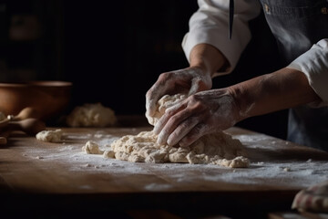 Fototapeta premium Hands of a baker working the dough, to make the bread. Generative AI.