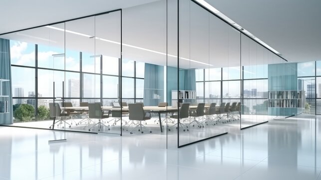 Conference table and chairs in meeting room in office.