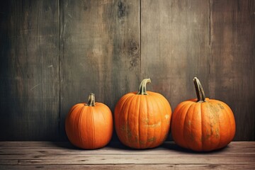 A row of pumpkins on wooden background.