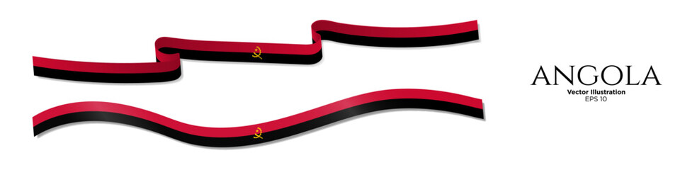 3d Rendered Angolan Flag Ribbons with shadows. Long Flag of Angola Set. Curled and rendered in perspective. Graphic Resource. Editable Vector Illustration.
