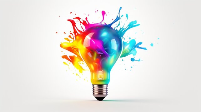 Creative light bulb explodes with colorful paint and colors. New idea, brainstorming concept