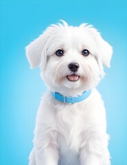 Obraz premium A cute white dog wearing a trendy blue collar, with a blue background AI-generated image