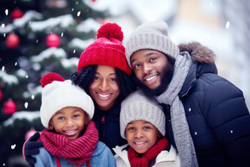 Fototapeta premium Closeup photo of cute family spending holly Christmas eve in decorated garland lights house near Chrismas tree outdoors