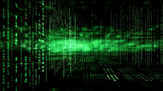Green digital binary data on computer screen background. Matrix style.