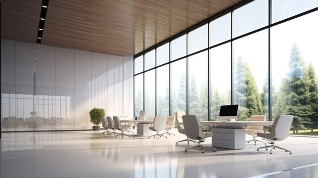 Modern minimalist open-space office with sleek furniture.