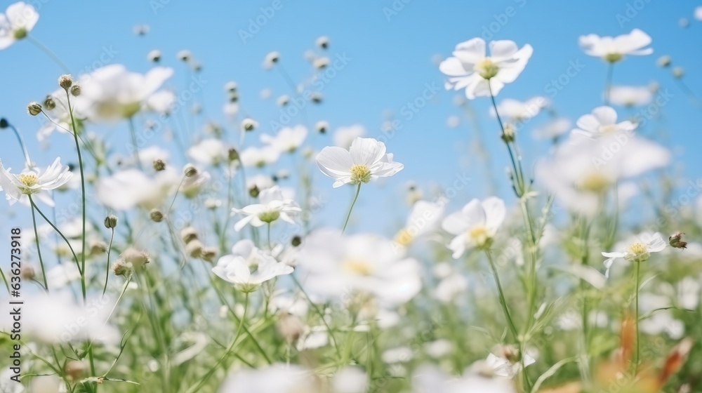 Poster white flowers blooming in the field in spring with clear sky.