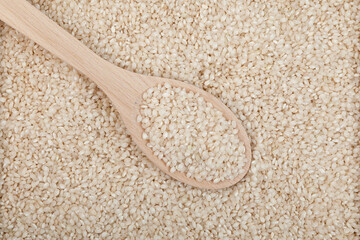 Calasparra rice or arroz calasparra in wooden spoon on white grains background. Spanish processed white rice for paella. Natural Organic Product