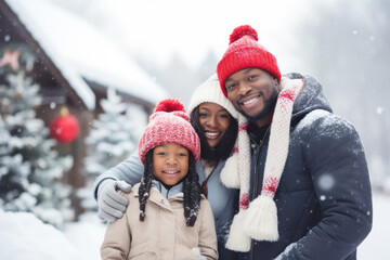 Fototapeta premium Closeup photo of cute family spending holly Christmas eve in decorated garland lights house near Chrismas tree outdoors