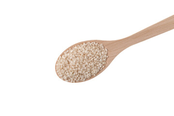 Bomba rice in wooden spoon on white background, top view. Spanish food, processed white rice for paella. Natural Organic Product