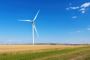 Panoramic view of a wind farm or wind farm with tall wind turbines to generate electricity
