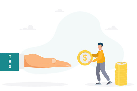 Businessman must pay taxes - tax payment concept. The guy repays debts. Vector flat style illustration.
