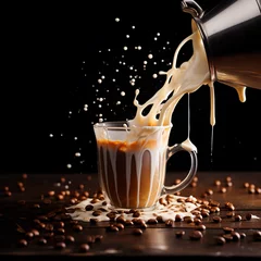 Foto op Plexiglas drink coffee and milk dark background cappuccino pouring in the air created with Generative Ai © Andrii Yablonskyi