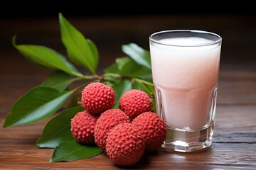 Lychee shakes on rustic wooden background.