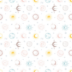Seamless doodle-style pattern with hand-drawn  stars and moons in pastel tones. Ideal for backgrounds, textiles, wallpapers, packaging, and scrapbooking