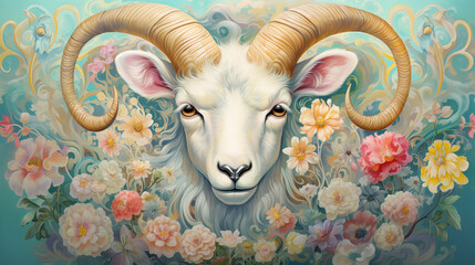  happy cute goat in flower blossom atmosphere golden oil paint abstract art