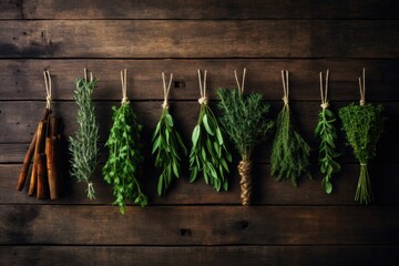 Various fresh herbs on wooden background.