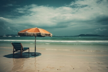 Fototapeta na wymiar Umbrella and hammock on the shore at the beach. Generative AI.