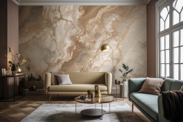Fototapeta na wymiar Retro decorated sofa in elegant living room with marble mural. Generative AI.