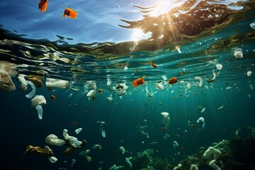 Ocean pollution due to plastics. Images depicting the harmful impact of plastic waste on marine ecosystems.  'generative AI' 