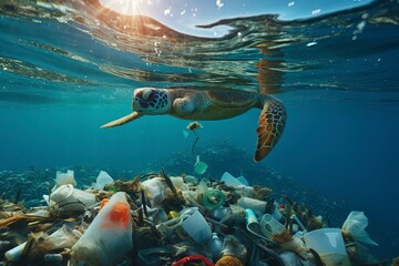 Naklejka na ściany i meble Ocean pollution due to plastics. Images depicting the harmful impact of plastic waste on marine ecosystems. 'generative AI' 