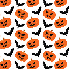 Halloween Seamless Pattern with Pumpkin and Bats. For wallpaper, wrapping paper, background.