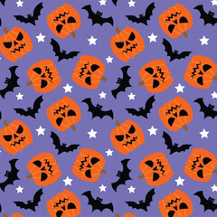 Halloween Seamless Pattern with Pumpkin, stars and Bats On Purple Background.  great for textiles, banners, wallpapers, wrapping . vector design