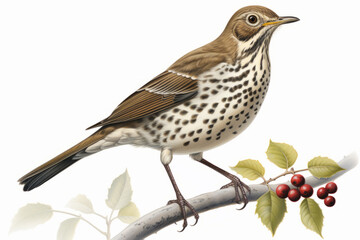 Close up illustration of a European Song Thrush Turdus philomelos cut out an isolated on a white background